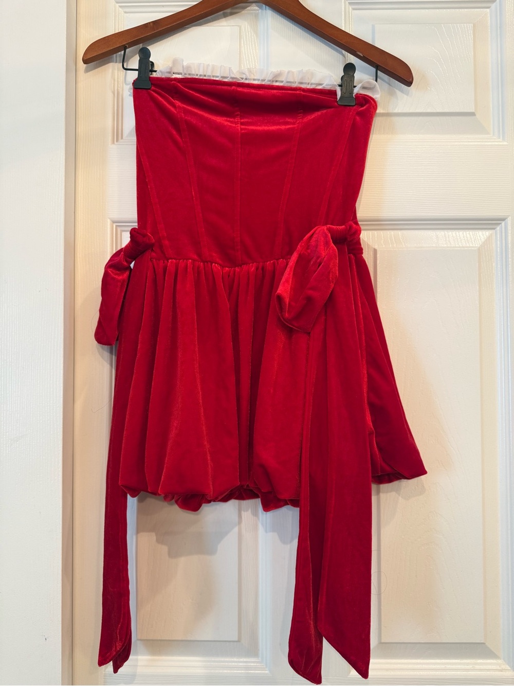 Strapless Red Velvet Mini Dress with Self-Tie Sash